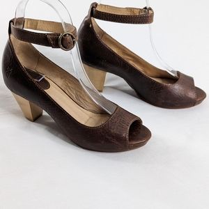 Frye Brown Ankle Strap Open Toe Coral Leather Heels